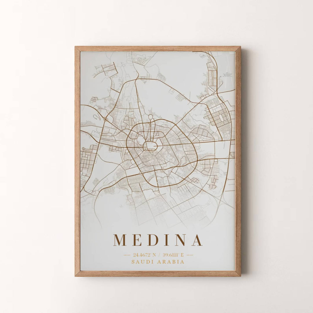 Radiant gold wall art map print of Medina Saudi Arabia with modern minimalist layout and rich bronze metallic tones. Presented by MapYourDreams, this artwork is available in flexible options including unframed paper, custom wooden frames, and gallery canvas wraps for timeless wall decor.