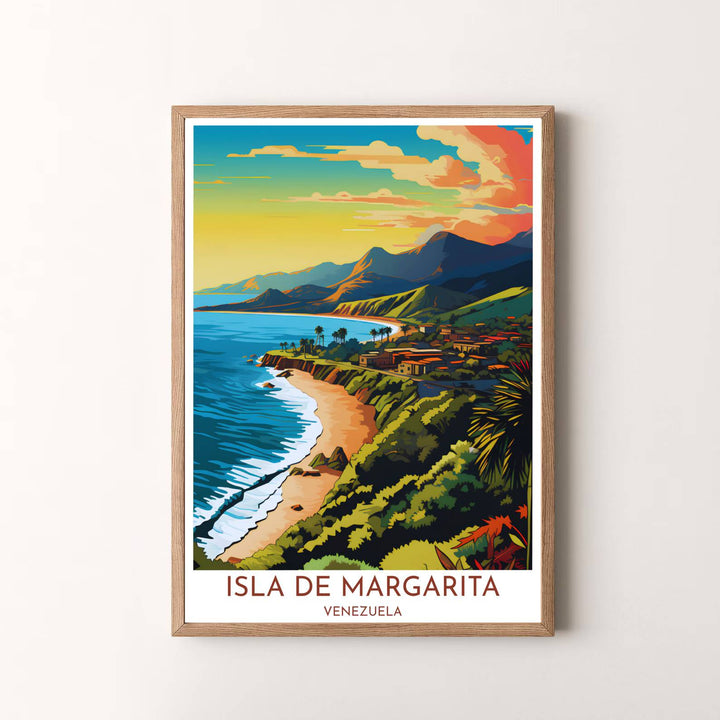 Modern tropical travel artwork featuring a breathtaking sunset view along the coast of Isla de Margarita in Venezuela. Available in the MapYourDreams studio, this geographic print is offered as unframed archival paper, framed wall art, or gallery canvas wraps.