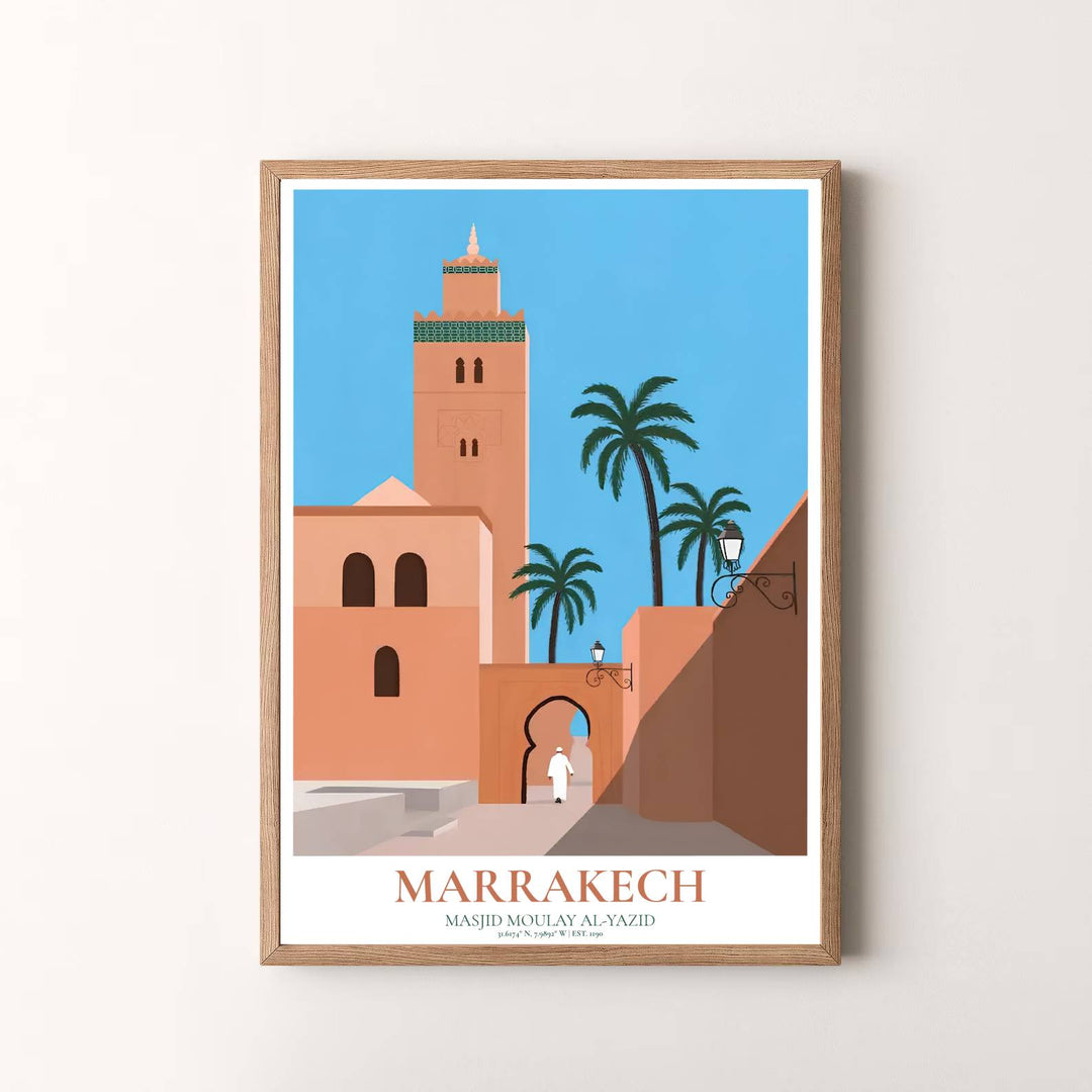 Radiant travel wall art print of Kasbah Mosque in Marrakech with warm sunlit terracotta tones and bright blue Mediterranean sky. Presented by MapYourDreams, this artwork is available in flexible options including unframed paper, custom wooden frames, and gallery canvas wraps for timeless wall decor.