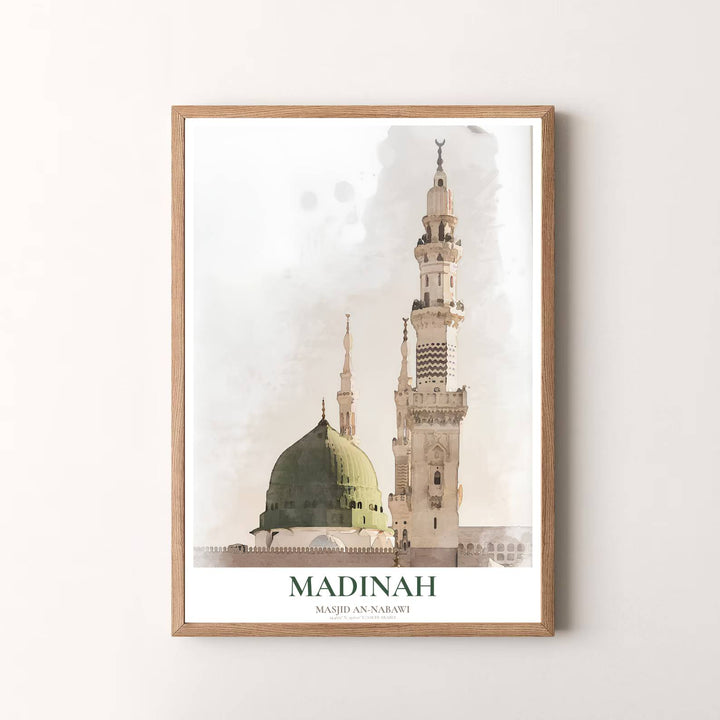 Peaceful sacred wall art print of Al Masjid an Nabawi in Medina with serene watercolor atmosphere and soft sage green tones. Presented by MapYourDreams, this artwork is available in flexible options including unframed paper, custom wooden frames, and gallery canvas wraps for timeless wall decor.