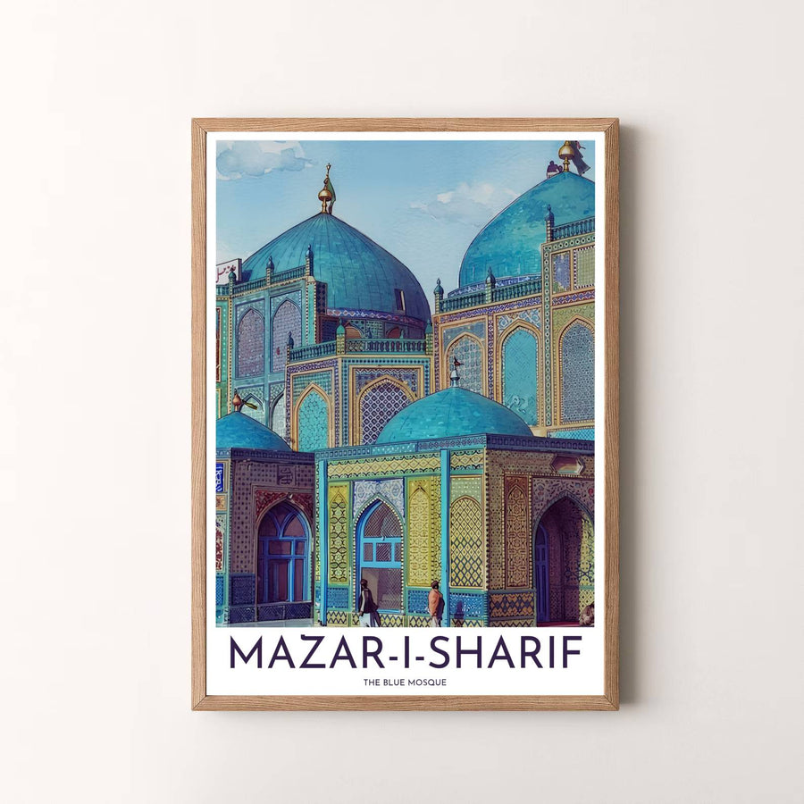 Shimmering sacred wall art print of the Blue Mosque Shrine of Ali in Mazar-i-Sharif with bright clear sky and rich blue tilework. Presented by MapYourDreams, this artwork is available in flexible options including unframed paper, custom wooden frames, and gallery canvas wraps for timeless wall decor.