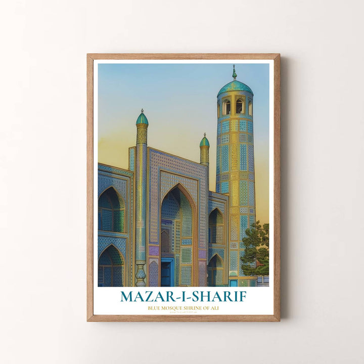 Shimmering sacred wall art print of the Blue Mosque Shrine of Ali in Mazar-i-Sharif with golden twilight sky and rich blue tilework. Presented by MapYourDreams, this artwork is available in flexible options including unframed paper, custom wooden frames, and gallery canvas wraps for timeless wall decor.