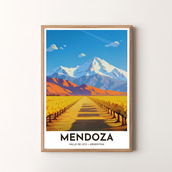 Modern wine country travel artwork featuring a sun-drenched view of Valle de Uco grapevines and snow-capped Andes peaks. Available in the MapYourDreams studio, this geographic print is offered as unframed archival paper, framed wall art, or gallery canvas wraps.