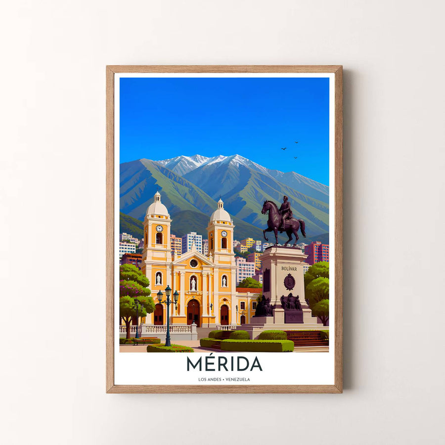Modern vector travel artwork featuring a dramatic view of Plaza Bolívar cathedral architecture and Mount Sierra Nevada in Mérida. Available in the MapYourDreams studio, this geographic print is offered as unframed archival paper, framed wall art, or gallery canvas wraps.