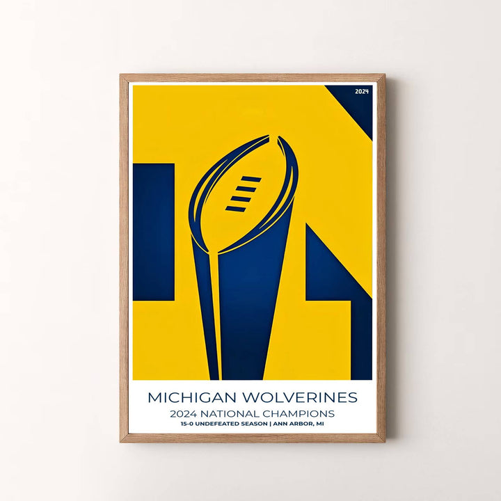 Bold travel wall art print celebrating Michigan Football 2024 National Champions with clean graphic typography and crisp contrast. Presented by MapYourDreams, this artwork is available in flexible options including unframed paper, custom wooden frames, and gallery canvas wraps for timeless wall decor.