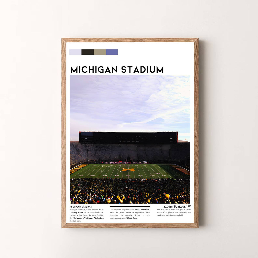 Radiant college sports wall art print of Michigan Stadium with clean typographic styling and maize color palette. Presented by MapYourDreams, this artwork is available in flexible options including unframed paper, custom wooden frames, and gallery canvas wraps for timeless wall decor.