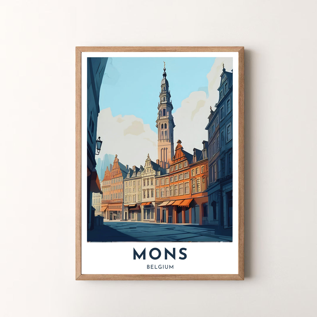 A striking architectural travel print featuring warm terracotta tones and the tall skyward belfry of Mons, Belgium. Offered by MapYourDreams, this artwork is available in flexible options including unframed paper, custom wooden frames, and gallery canvas wraps.