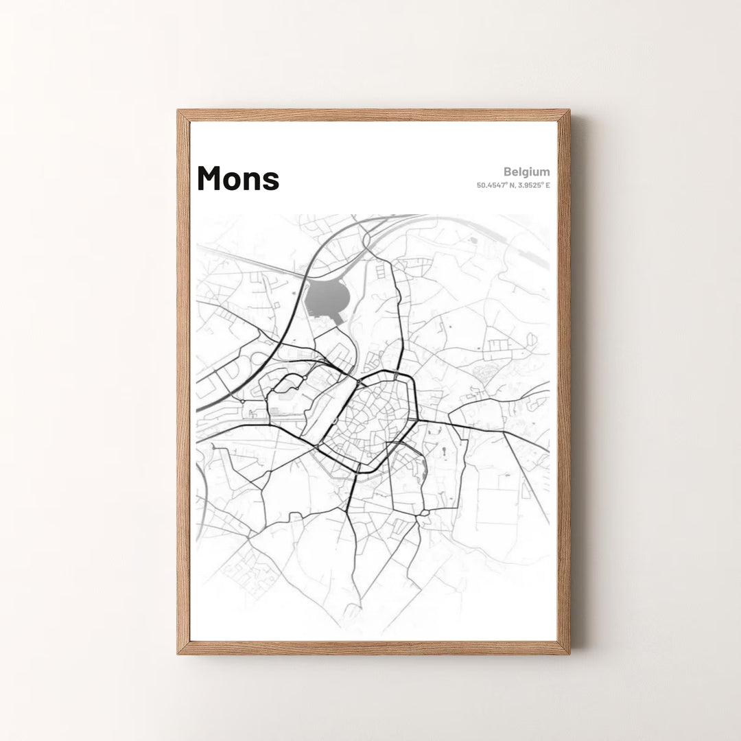 Premium quality minimalist cartography print of Mons, Belgium, featuring precise road tracks and minimalist geographic layout. Offered by MapYourDreams, this artwork is available in flexible options including unframed paper, custom wooden frames, and gallery canvas wraps.