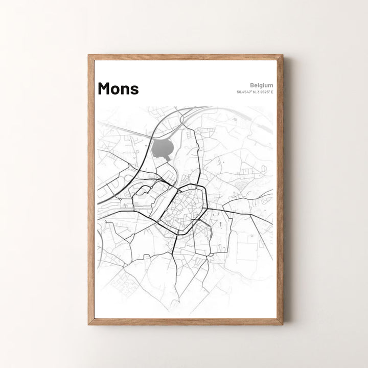 Premium quality minimalist cartography print of Mons, Belgium, featuring precise road tracks and minimalist geographic layout. Offered by MapYourDreams, this artwork is available in flexible options including unframed paper, custom wooden frames, and gallery canvas wraps.
