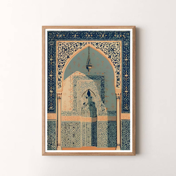 Shimmering Moorish wall art print of Alhambra archway in Granada Spain with rich cobalt tilework and warm terracotta peach tones. Presented by MapYourDreams, this artwork is available in flexible options including unframed paper, custom wooden frames, and gallery canvas wraps for timeless wall decor.