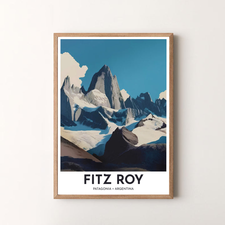 Modern mountain travel artwork featuring a dramatic slate blue view of Mount Fitz Roy spires towering above Patagonian glaciers. Available in the MapYourDreams studio, this geographic print is offered as unframed archival paper, framed wall art, or gallery canvas wraps.
