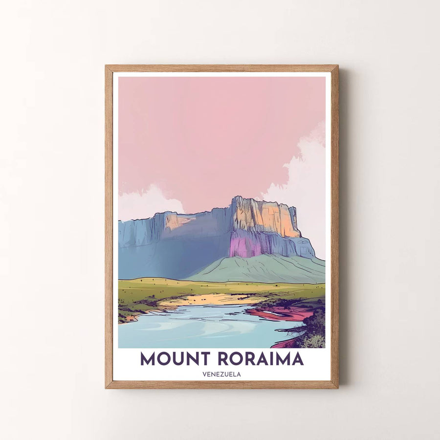 Modern minimalist travel artwork featuring a breathtaking view of Mount Roraima and the Gran Sabana in Venezuela. Available in the MapYourDreams studio, this geographic print is offered as unframed archival paper, framed wall art, or gallery canvas wraps.