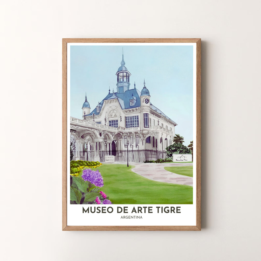Modern estate travel artwork featuring a romantic watercolor view of Museo de Arte Tigre set among manicured lawns and blooming flowers. Available in the MapYourDreams studio, this geographic print is offered as unframed archival paper, framed wall art, or gallery canvas wraps.