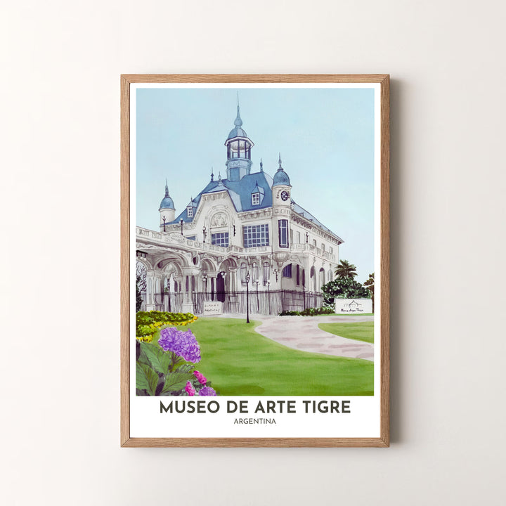 Modern estate travel artwork featuring a romantic watercolor view of Museo de Arte Tigre set among manicured lawns and blooming flowers. Available in the MapYourDreams studio, this geographic print is offered as unframed archival paper, framed wall art, or gallery canvas wraps.