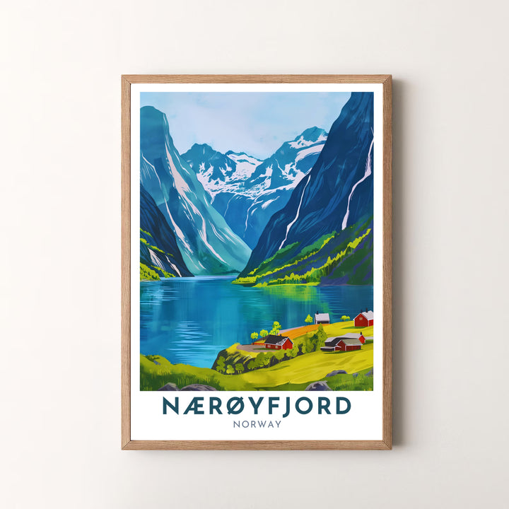 Scenic coastal summer view of Nærøyfjord Norway rendered in emerald green, azure blue, and red with modern graphic vector styling. Decorate your interior with this versatile print, offered as a fine art unframed print, gallery wrapped canvas, or elegant framed art piece.