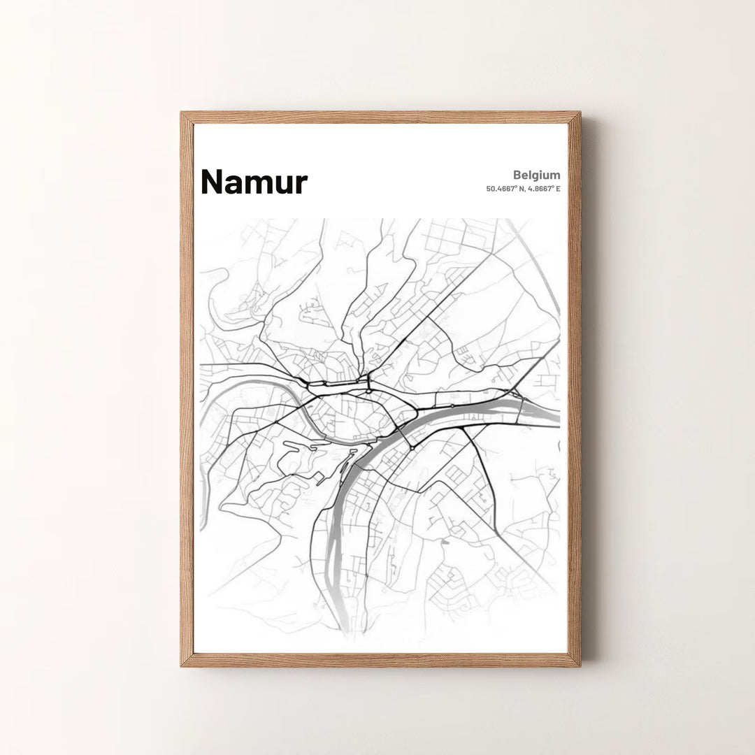 Premium quality minimalist cartography print of Namur, Belgium, featuring detailed river paths, street networks, and clean vector design. Offered by MapYourDreams, this artwork is available in flexible options including unframed paper, custom wooden frames, and gallery canvas wraps.