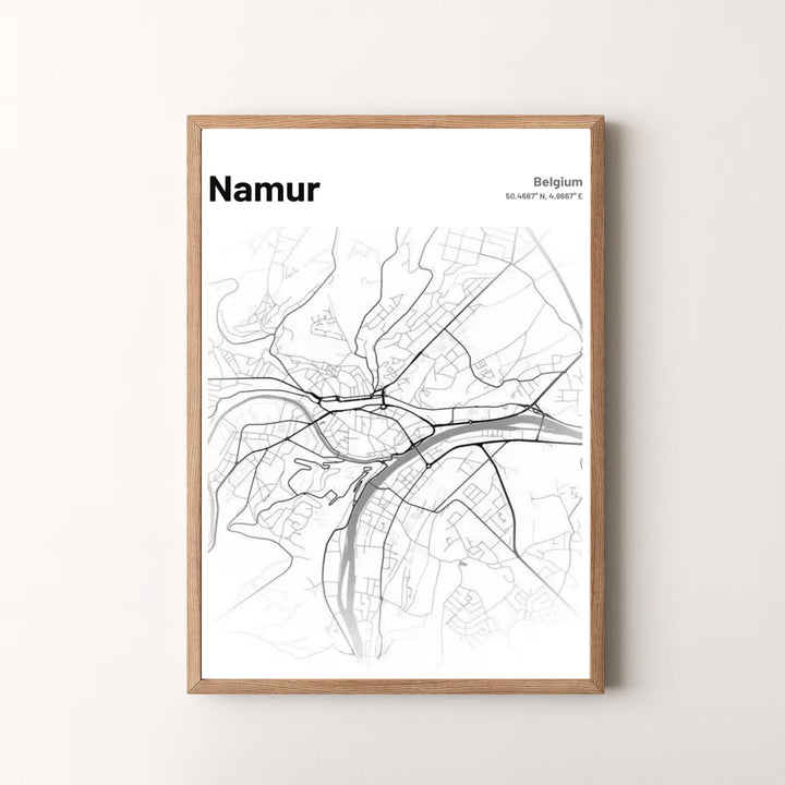 Premium quality minimalist cartography print of Namur, Belgium, featuring detailed river paths, street networks, and clean vector design. Offered by MapYourDreams, this artwork is available in flexible options including unframed paper, custom wooden frames, and gallery canvas wraps.