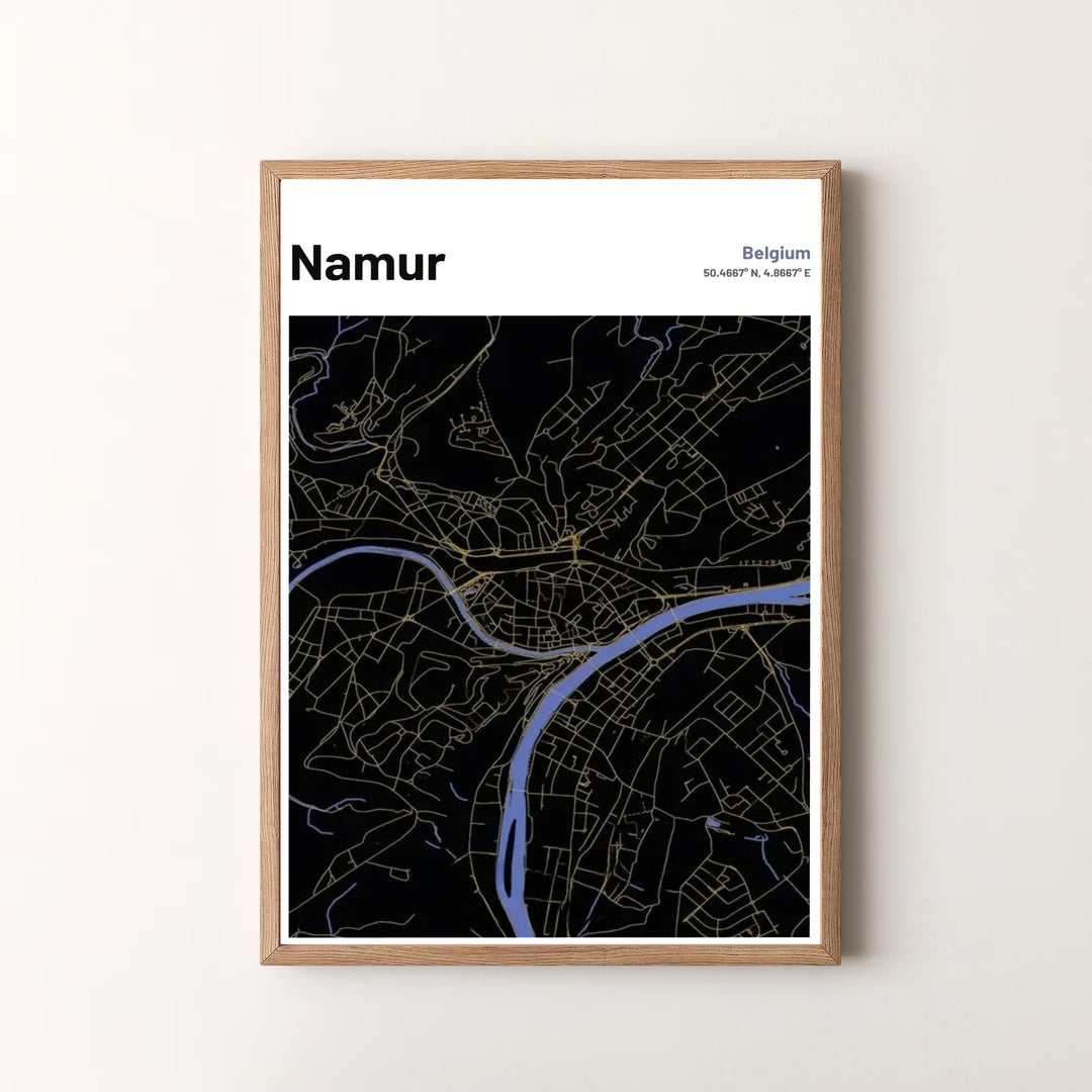 Premium quality dark mode cartography print of Namur, Belgium, featuring glowing gold transit lines and distinct blue river channels. Offered by MapYourDreams, this artwork is available in flexible options including unframed paper, custom wooden frames, and gallery canvas wraps.