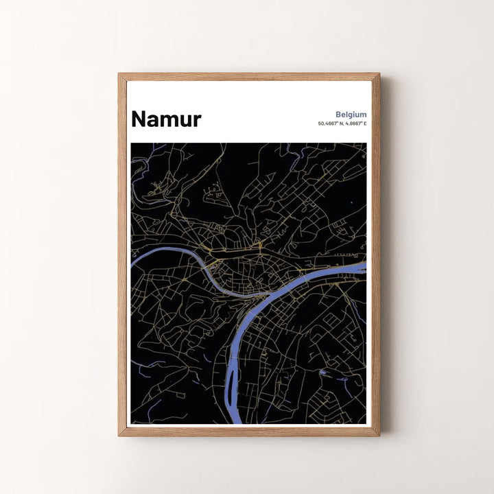 Premium quality dark mode cartography print of Namur, Belgium, featuring glowing gold transit lines and distinct blue river channels. Offered by MapYourDreams, this artwork is available in flexible options including unframed paper, custom wooden frames, and gallery canvas wraps.