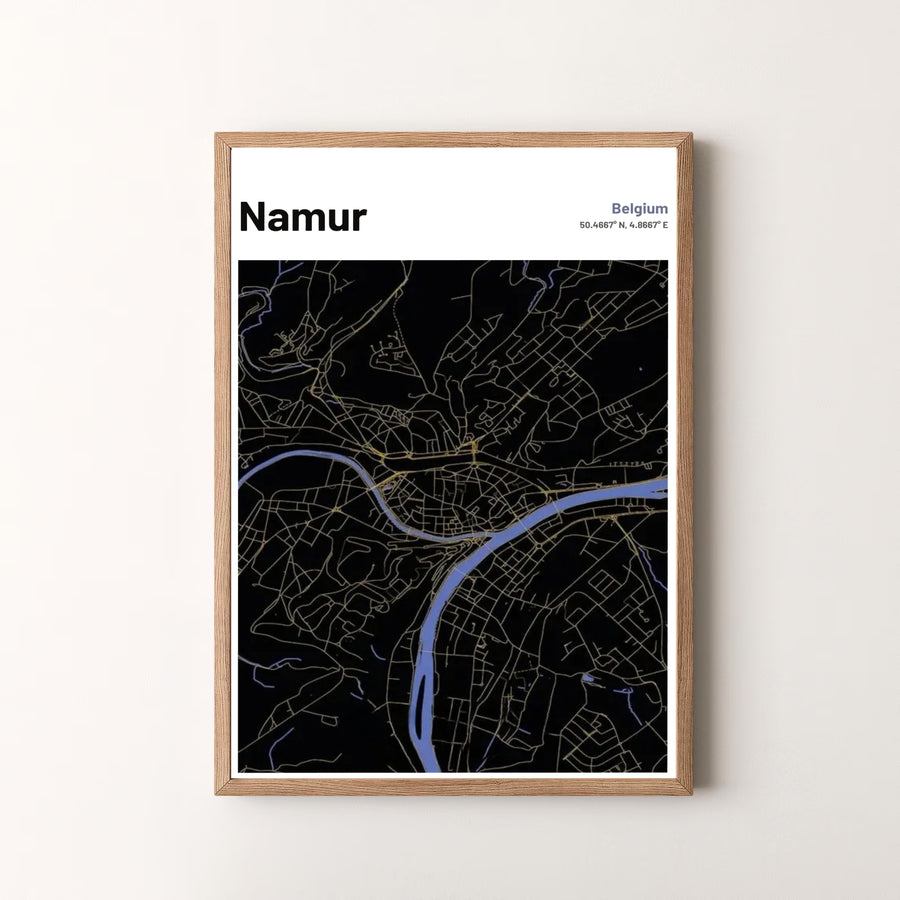 Premium quality dark mode cartography print of Namur, Belgium, featuring glowing gold transit lines and distinct blue river channels. Offered by MapYourDreams, this artwork is available in flexible options including unframed paper, custom wooden frames, and gallery canvas wraps.