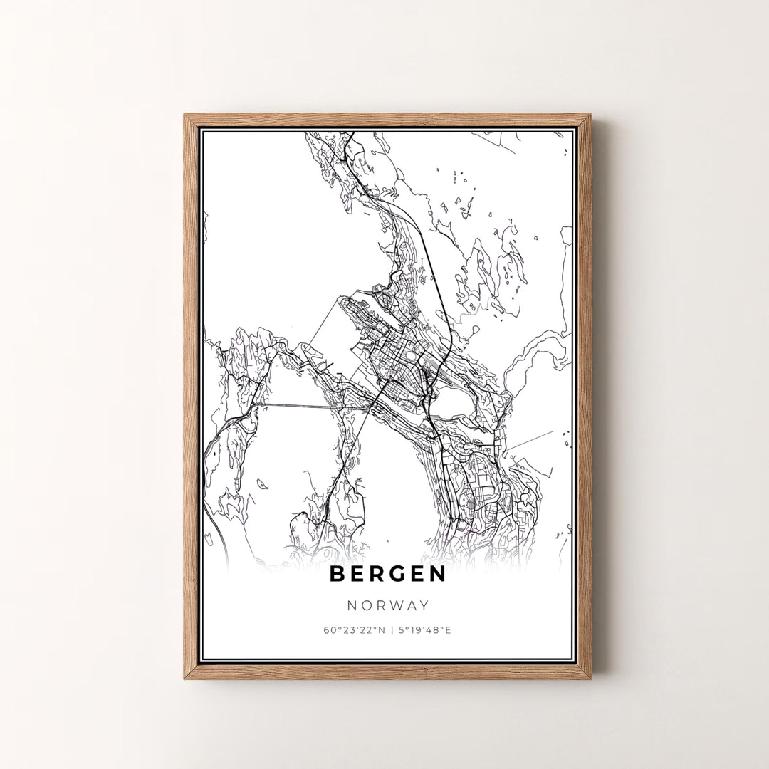Sleek black and white city map view of Bergen Norway rendered in clean line art styling with latitude and longitude details. Decorate your office or living room with this versatile print, offered as a fine art unframed print, gallery wrapped canvas, or elegant framed art piece.