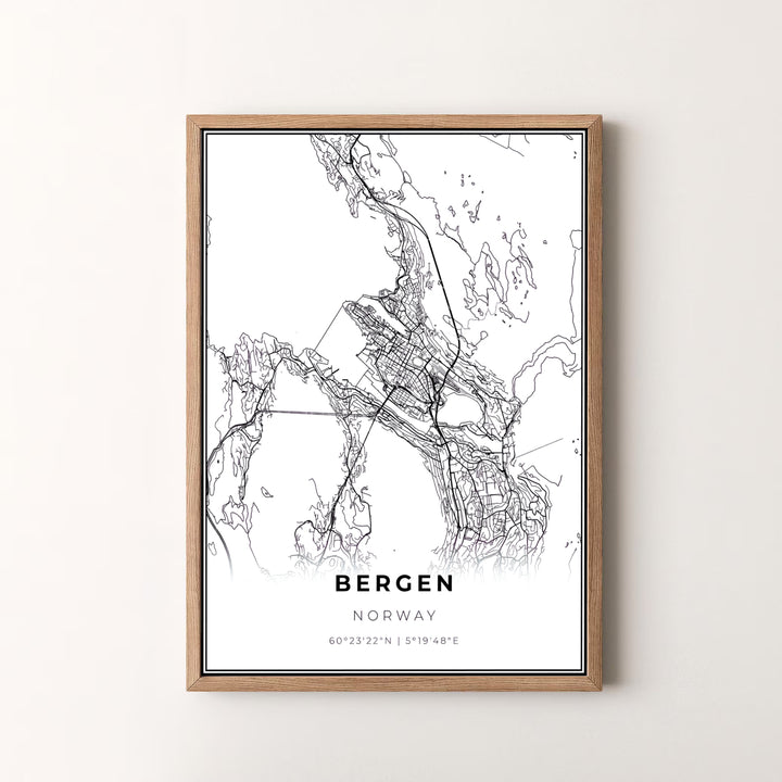 Sleek black and white city map view of Bergen Norway rendered in clean line art styling with latitude and longitude details. Decorate your office or living room with this versatile print, offered as a fine art unframed print, gallery wrapped canvas, or elegant framed art piece.