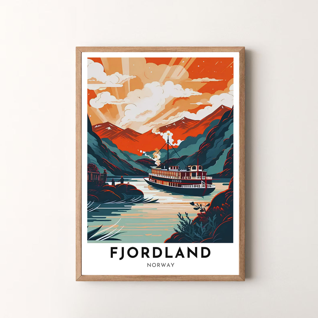 Scenic retro print of a steamboat cruising through a Norwegian mountain fjord illuminated by golden dusk sunlight. Decorate your office or living room with this versatile print, offered as a fine art unframed print, gallery wrapped canvas, or elegant framed art piece.
