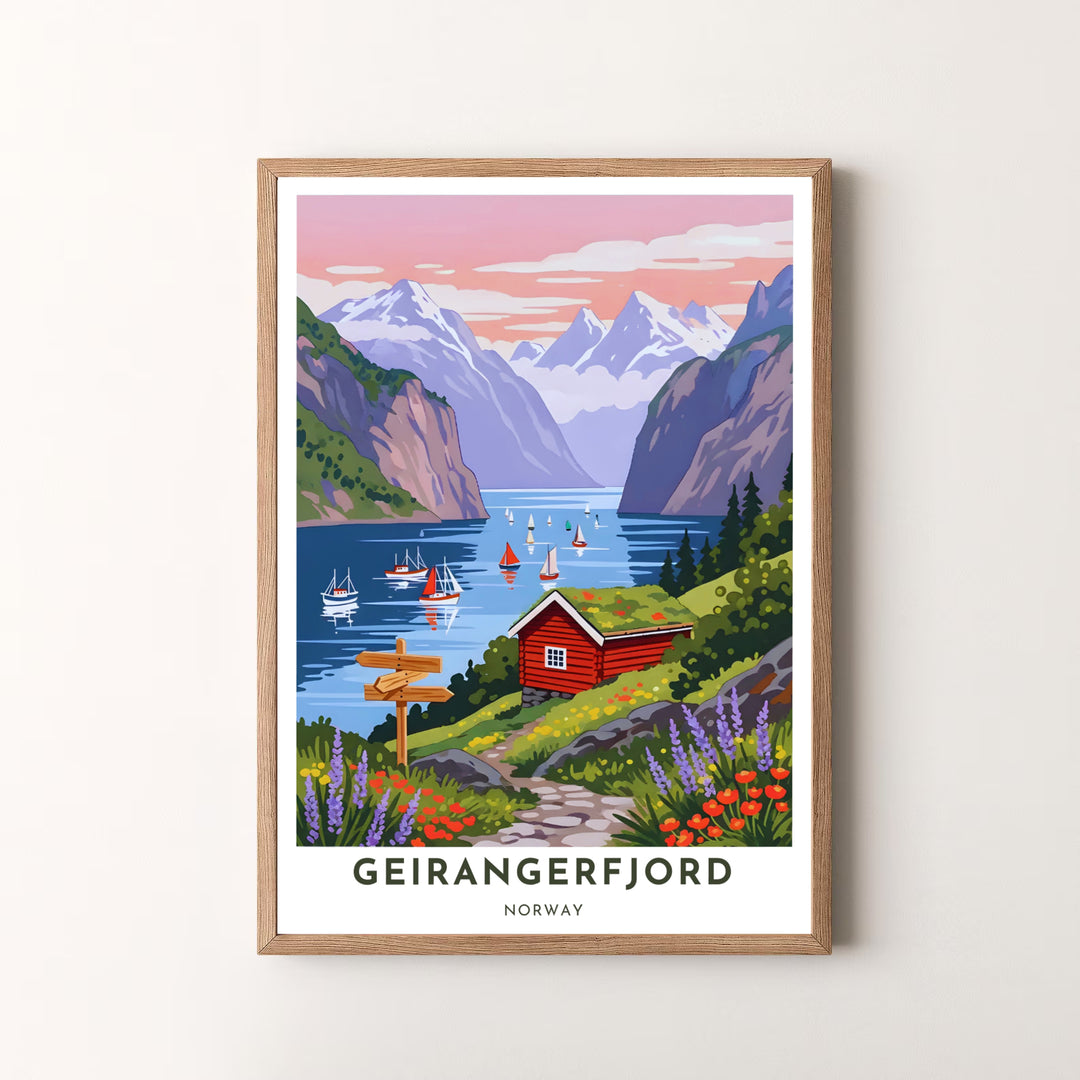 Serene graphic artwork of Geirangerfjord Norway capturing peaceful fjord waters, distant snowy peaks, and a cozy turf roof cabin. Decorate your office or living room with this versatile print, offered as a fine art unframed print, gallery wrapped canvas, or elegant framed art piece.