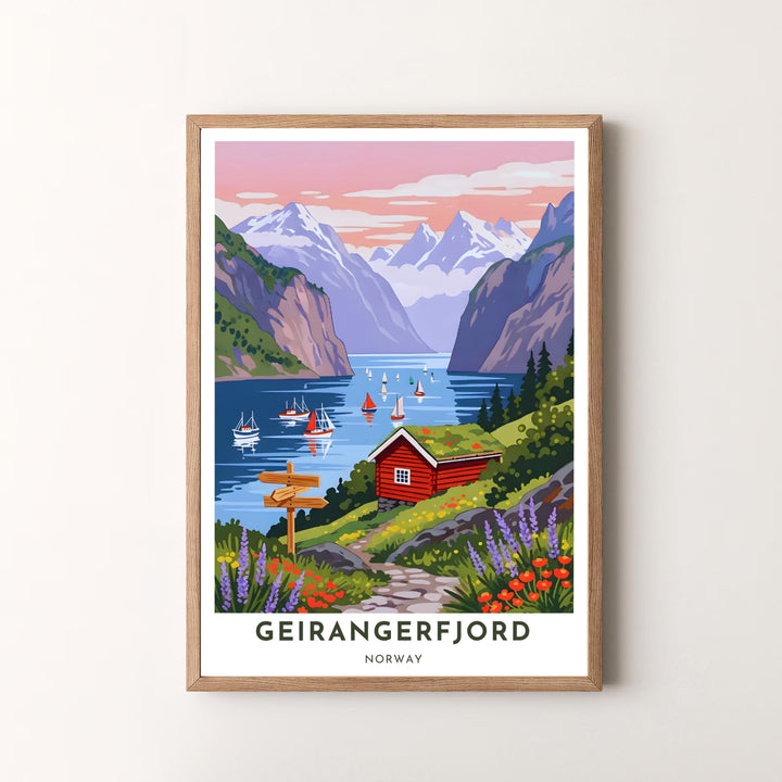 Serene graphic artwork of Geirangerfjord Norway capturing peaceful fjord waters, distant snowy peaks, and a cozy turf roof cabin. Decorate your office or living room with this versatile print, offered as a fine art unframed print, gallery wrapped canvas, or elegant framed art piece.