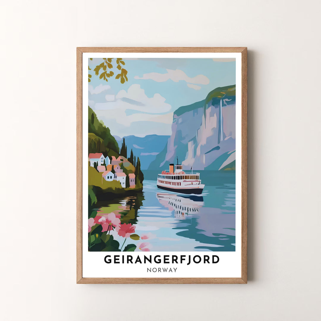 Geirangerfjord Norway Travel Poster: Retro Fjord Ferry &amp; Coastal Waterfall Print