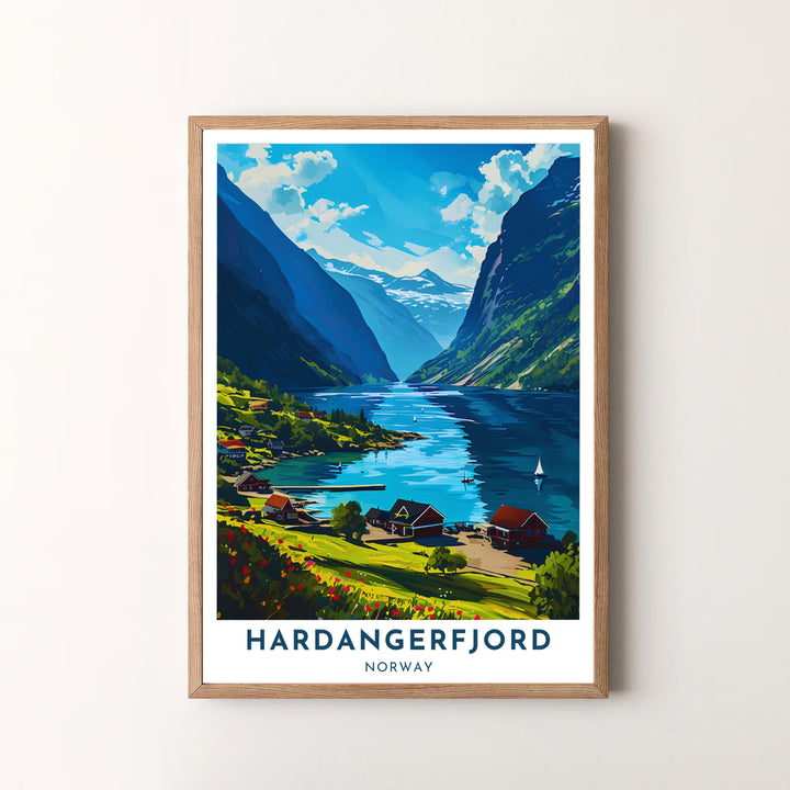 Vibrant vector landscape illustration of Hardangerfjord Norway during summer showing red waterfront houses, sailboats, and towering mountain peaks. Created by MapYourDreams, this print is shown in a black frame and is available as an unframed print, custom framed poster, or gallery wrapped canvas.