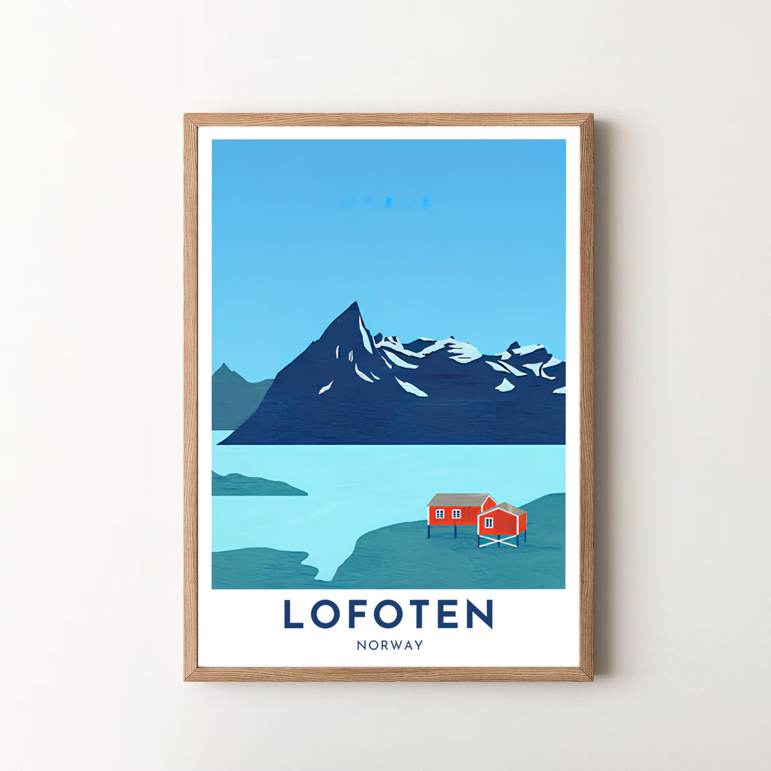 Graphic vector artwork of Lofoten Norway capturing quiet Arctic waters, crisp mountain contours, and red fishing huts. Decorate your office or living room with this versatile print, offered as a fine art unframed print, gallery wrapped canvas, or elegant framed art piece.