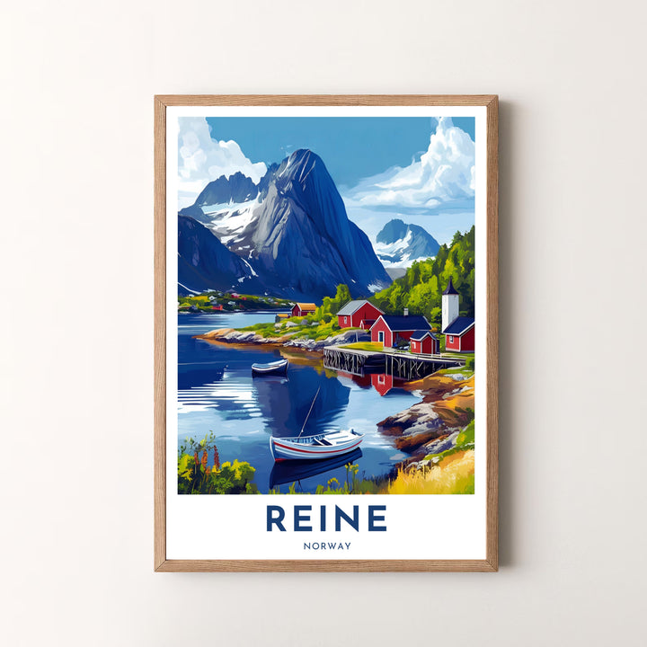 Painterly coastal illustration of Reine Norway displaying wooden boats, crimson fishing huts, and sharp alpine peaks in a quiet bay. MapYourDreams provides this artwork as an unframed fine art paper print, custom wood framed poster, or gallery wrapped canvas setup.
