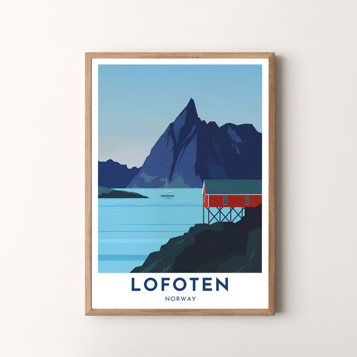 Graphic coastal illustration of Lofoten Norway displaying a solitary crimson rorbu hut, quiet waters, and a sharp mountain peak silhouette. MapYourDreams provides this artwork as an unframed fine art paper print, custom wood framed poster, or gallery wrapped canvas setup.