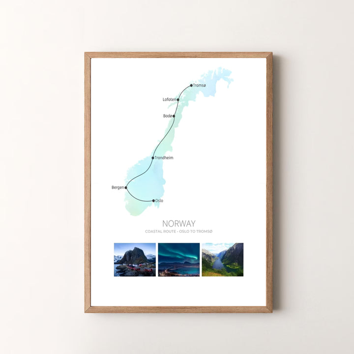 Clean cartographic print of Norway highlighting the transit path from Oslo to Tromsø through the Lofoten islands and fjord coast. MapYourDreams provides this artwork as an unframed fine art paper print, custom wood framed poster, or gallery wrapped canvas setup.