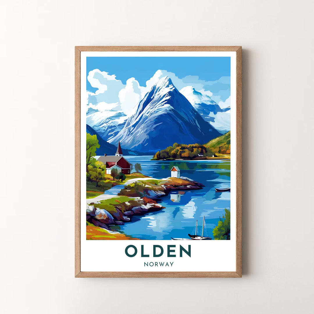 Graphic vector print of Olden Norway featuring a serene fjord lake surrounded by green countryside, wooden cabins, and tall mountain peaks. Available through MapYourDreams, this piece comes in flexible options including unframed paper formats, solid wood frames, and stretched canvas art.