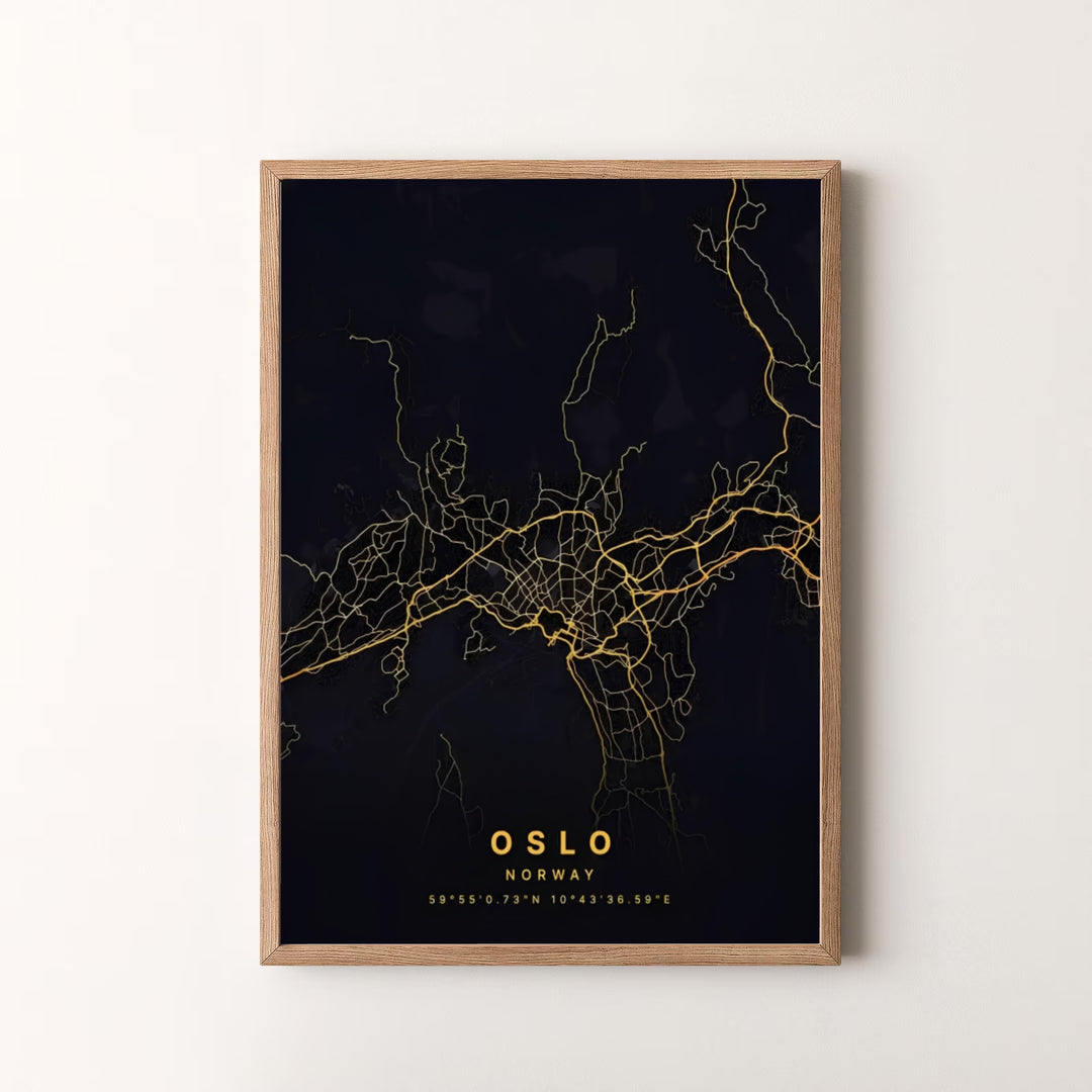 Fine line metallic map artwork of Oslo Norway portraying the capital&