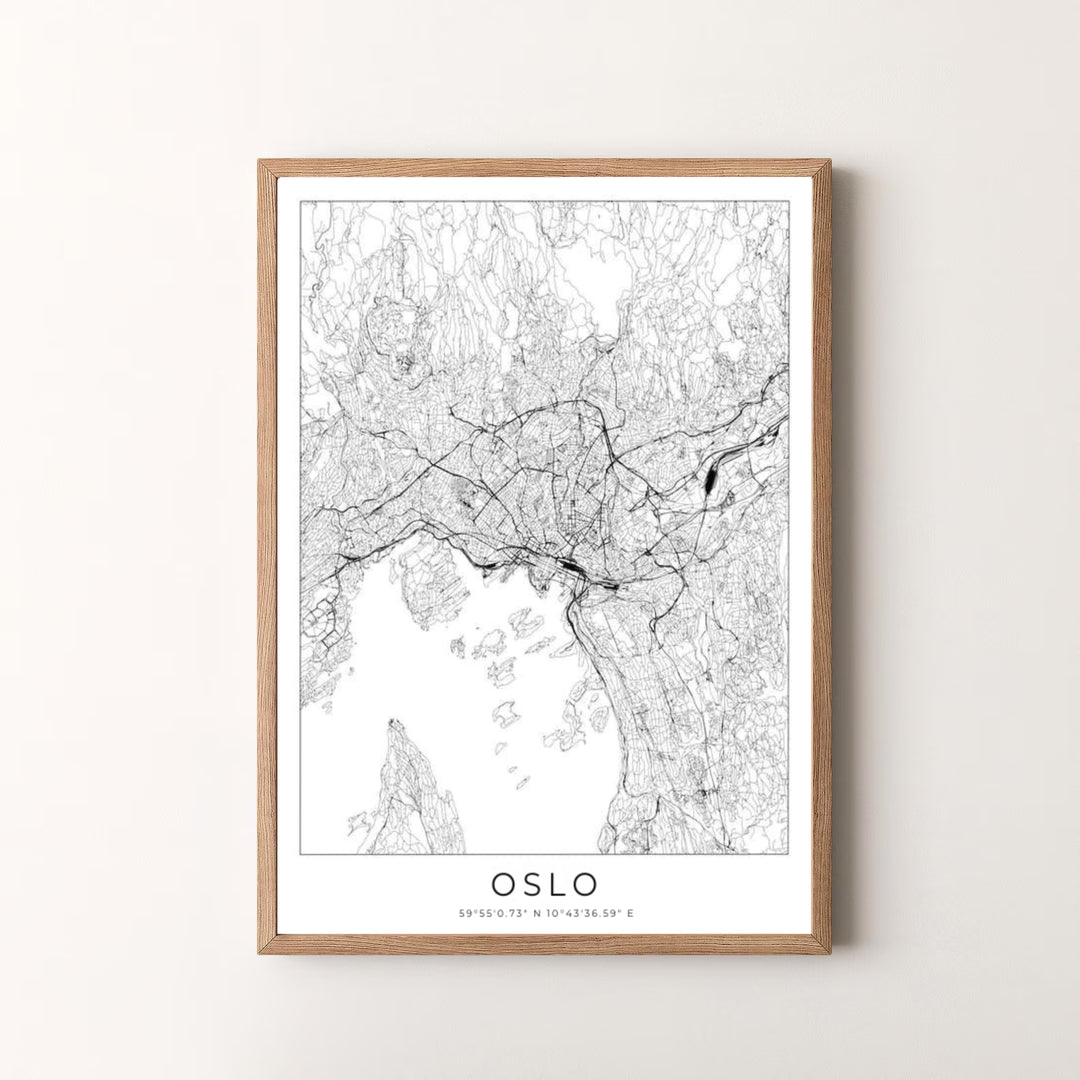 Fine line black and white map artwork of Oslo Norway portraying the capital&