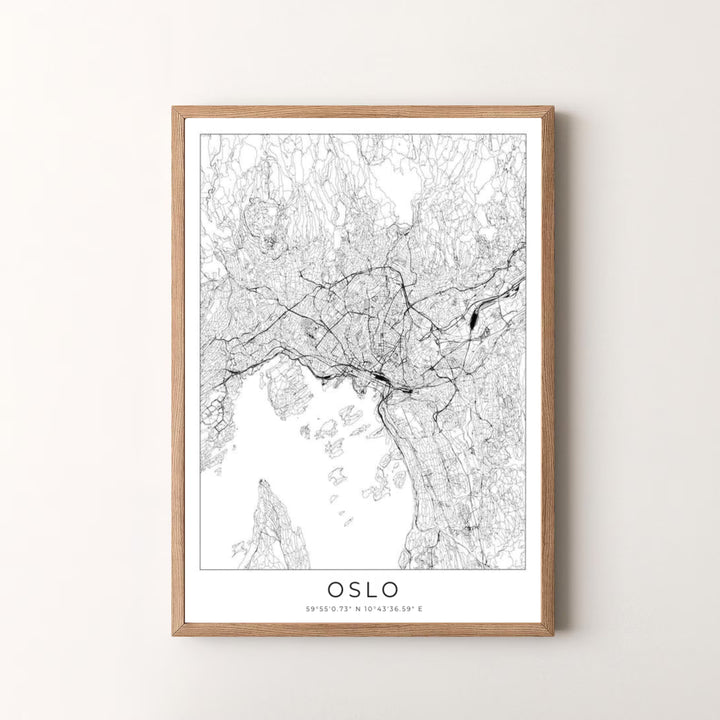 Fine line black and white map artwork of Oslo Norway portraying the capital&