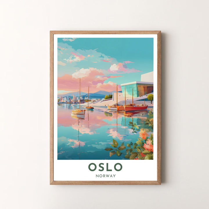 Elegant pastel waterfront poster of the Oslo Opera House portraying Nordic coastal beauty on a high-definition matte paper surface. Offered by MapYourDreams, this piece comes in flexible options including unframed paper formats, solid wood frames, and stretched canvas art.