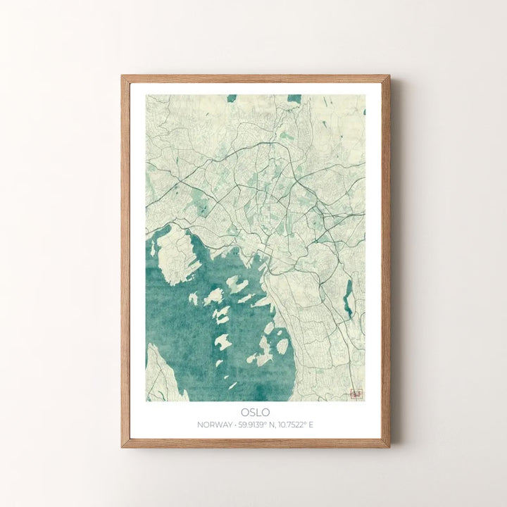 Elegant blue map artwork of Oslo Norway portraying the capital&
