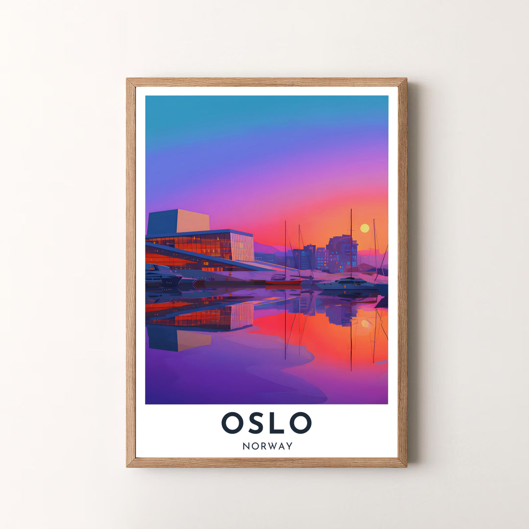 High-definition vector art print of the Oslo Opera House in Norway capturing the stunning twilight sky colors and glassy ocean reflections. Offered by MapYourDreams, this piece comes in flexible options including unframed paper formats, solid wood frames, and stretched canvas art.