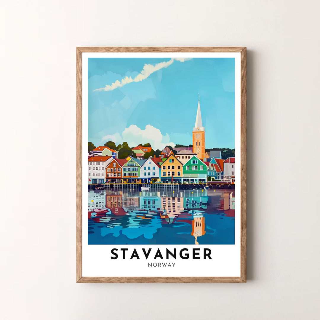 High-definition vector art print of Stavanger harbor in Norway depicting colorful wooden architecture and tranquil fjord waters. Offered by MapYourDreams, this piece comes in flexible options including unframed paper formats, solid wood frames, and stretched canvas art.