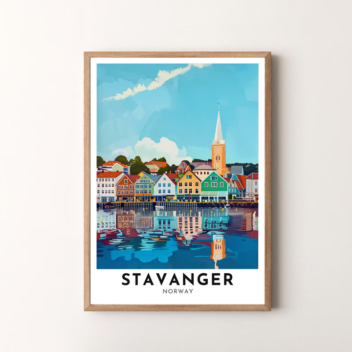 High-definition vector art print of Stavanger harbor in Norway depicting colorful wooden architecture and tranquil fjord waters. Offered by MapYourDreams, this piece comes in flexible options including unframed paper formats, solid wood frames, and stretched canvas art.