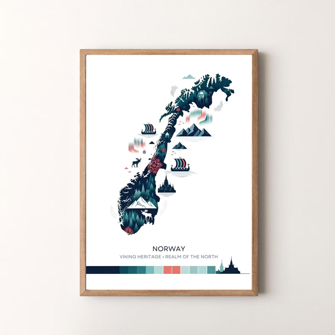 High-definition vector art map print of Norway filled with spruce trees, mountain ranges, stave church outlines, and coastal sailing ships. Offered by MapYourDreams, this piece comes in flexible options including unframed paper formats, solid wood frames, and stretched canvas art.