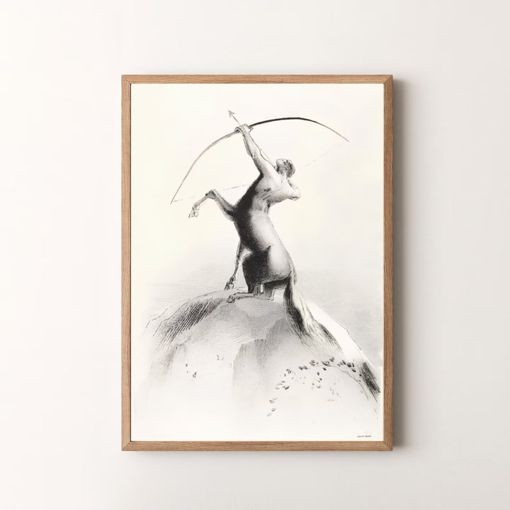 Beautiful black and white fine art lithograph Centaur Aiming At The Clouds by Odilon Redon from 1895. MapYourDreams makes it simple to style your room, offering this artwork in loose unframed paper, custom picture frames, and stretched canvas wraps.