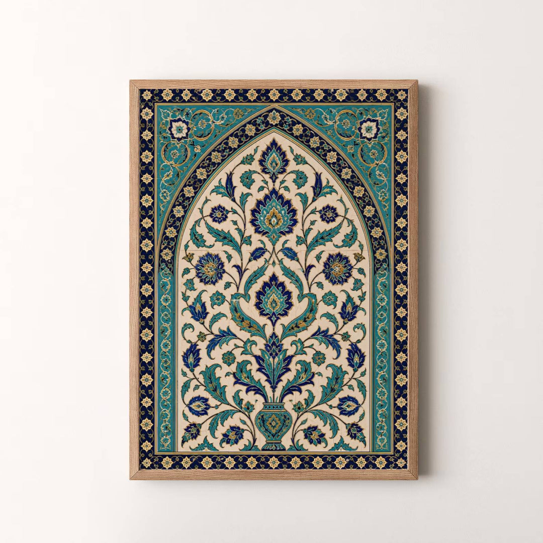 Shimmering Islamic wall art print of an Ottoman Iznik tile panel with rich cobalt blue, turquoise, and ivory botanical glazing. Presented by MapYourDreams, this artwork is available in flexible options including unframed paper, custom wooden frames, and gallery canvas wraps for timeless wall decor.