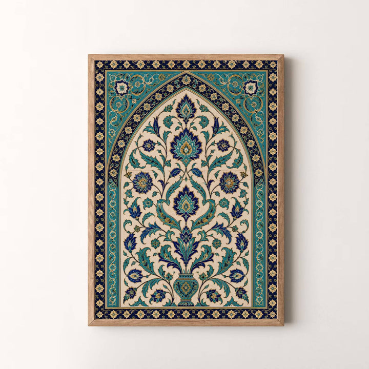 Shimmering Islamic wall art print of an Ottoman Iznik tile panel with rich cobalt blue, turquoise, and ivory botanical glazing. Presented by MapYourDreams, this artwork is available in flexible options including unframed paper, custom wooden frames, and gallery canvas wraps for timeless wall decor.