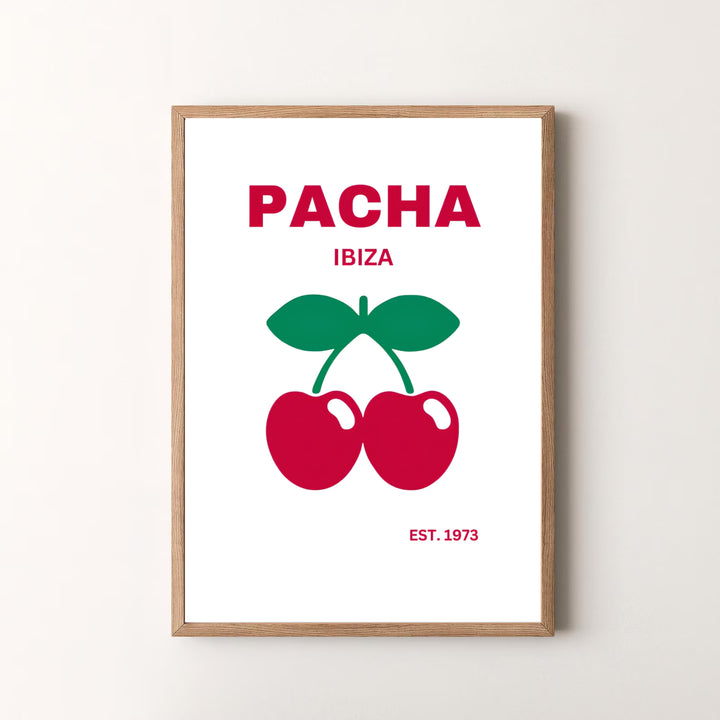 Simple graphic design venue poster showcasing legendary red cherries for Pacha in Ibiza, Spain, available at MapYourDreams as an unframed print, stretched canvas, or custom framing options to complement modern Scandinavian interior layouts.