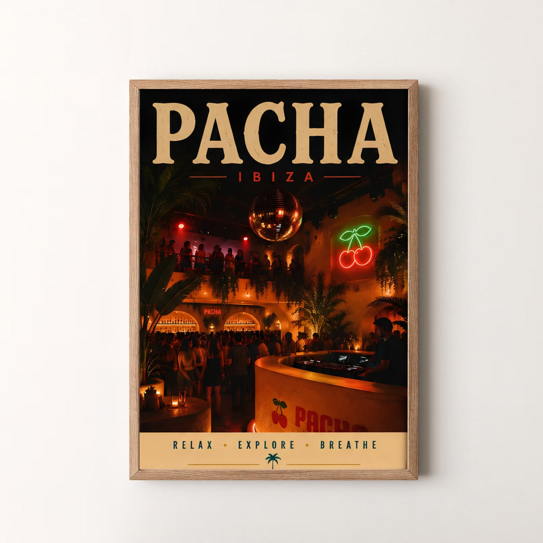 Retro style party atmosphere poster showcasing warm ambient room lighting for Pacha in Ibiza, Spain, available at MapYourDreams as an unframed print, stretched canvas, or custom framing options to complement moody vintage interior layouts.